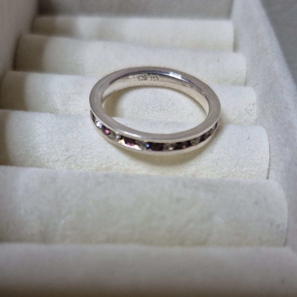 Vintage 925 Silver Eternity Band with Clear And Purple Stones
